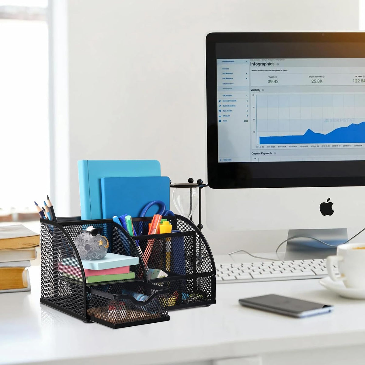 Comix Mesh Pen Pencil Holder Desk Organizer, 7 Compartment Wire Desktop Pen Pencil Cup Caddy Office Supplies for Home Office School, Black