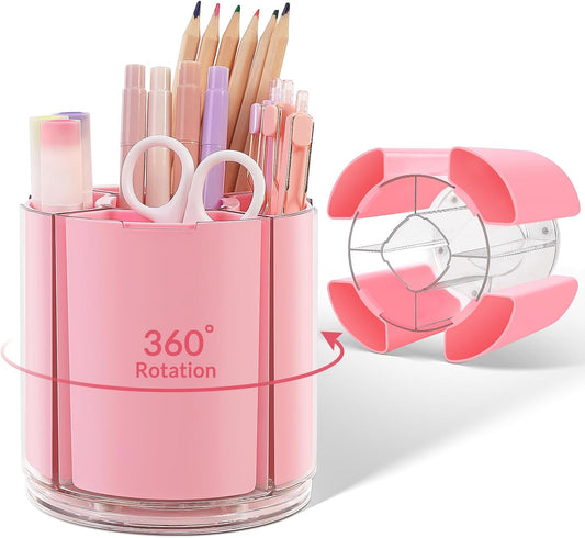 KONVINIT Pink Pen Holder for Desk, 5 Slots 360° Rotating Pen Organizer, Cute Desk Organizers and Accessories for School, Home, Office and Art Supply