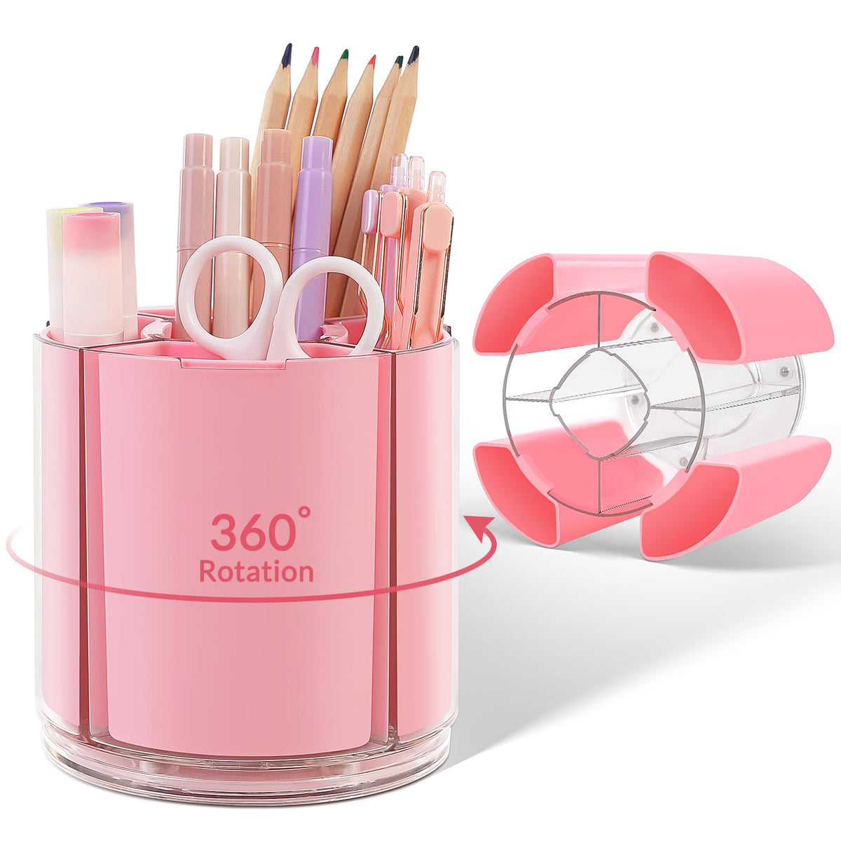 KONVINIT Pink Pen Holder for Desk, 5 Slots 360° Rotating Pen Organizer, Cute Desk Organizers and Accessories for School, Home, Office and Art Supply