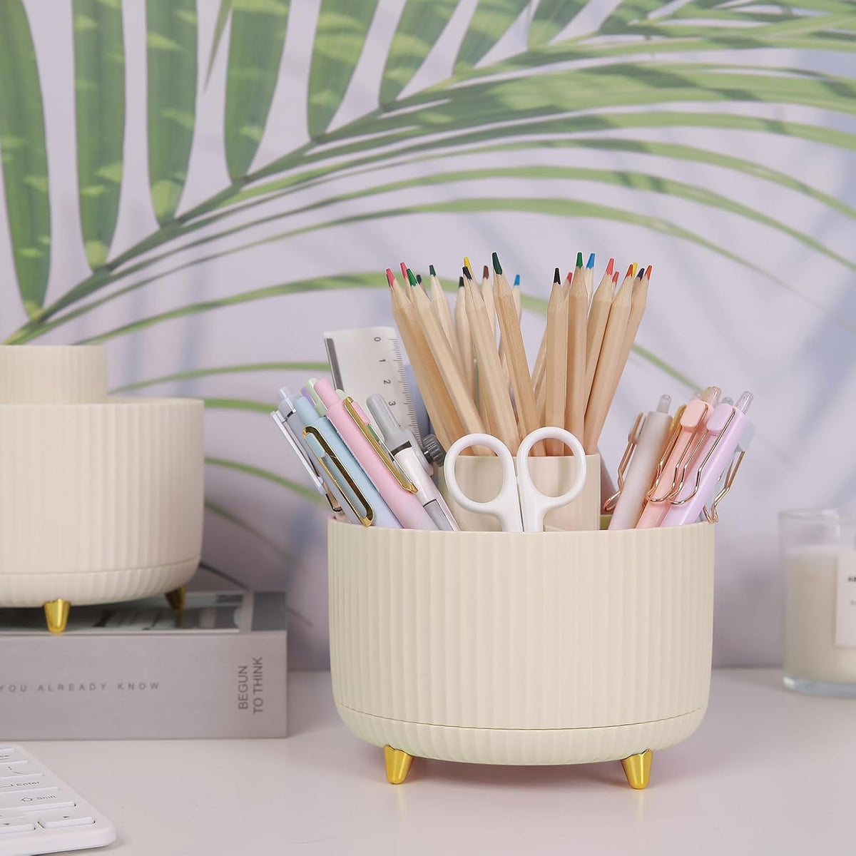 SKYDUE 360 Rotating Plastic Desk Pen Organizer with 5 Slots, Dual-Purpose Art Supply Pencil Cup for Office, School, Home