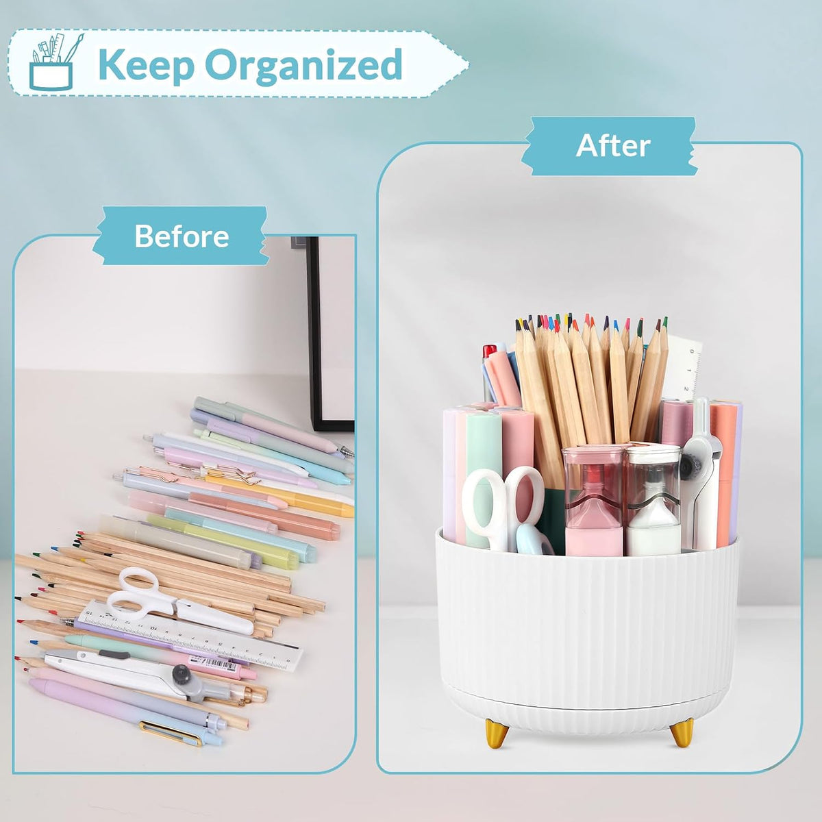 SKYDUE 360 Rotating Organizer - Dual-Purpose Pen & Pencil Holder with 5 Slots, Suitable for Office, School, or Home (White)
