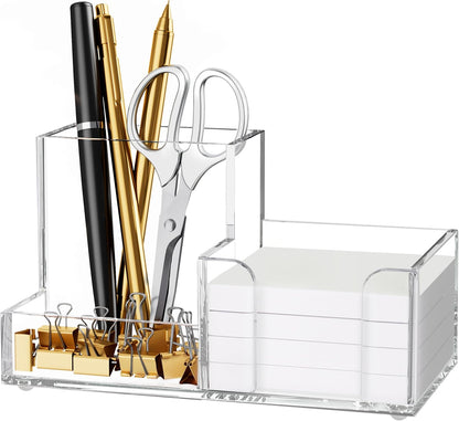 HBlife Acrylic Pen Holder for Desk, 3-Compartment Small Desk Organizer, Clear Office Supplies Desk Accessories with Sticky Notes Holder Stores Post It Notes 3X3 for Office, Home and School