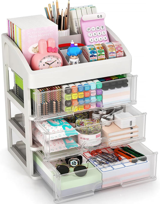 Desk Organizer with Drawers, 3 Drawers Storage Organizer, Desktop Storage Drawers for Office/School Supplies, Plastic Stationary Makeup Organizer, Desk Storage Box for Office, School, Home