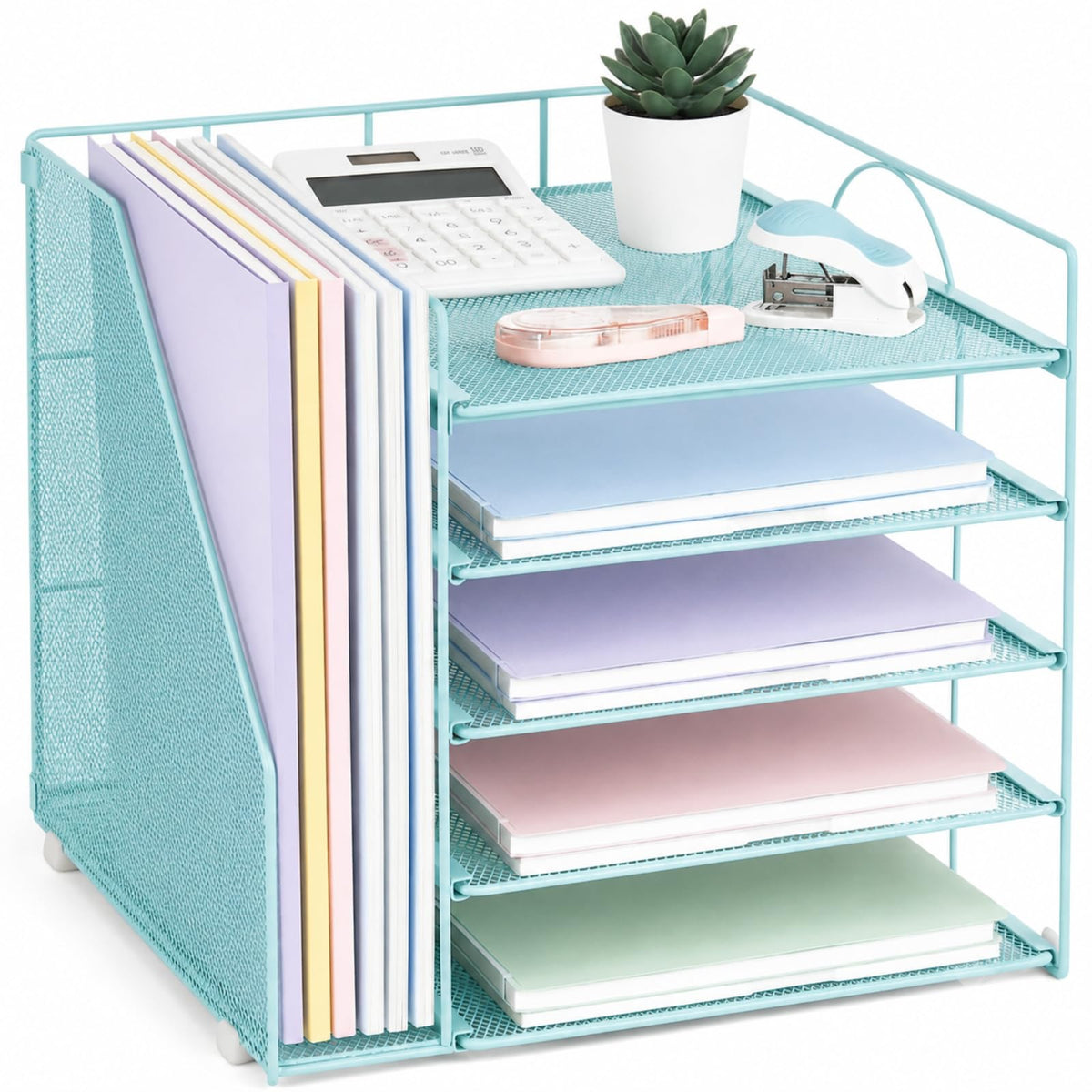 LEKETREE Desk Organizers and Accessories, 5-Tier Paper Letter Tray Organizer with File Holder, Desktop Organizer for Office Supplies (Black)
