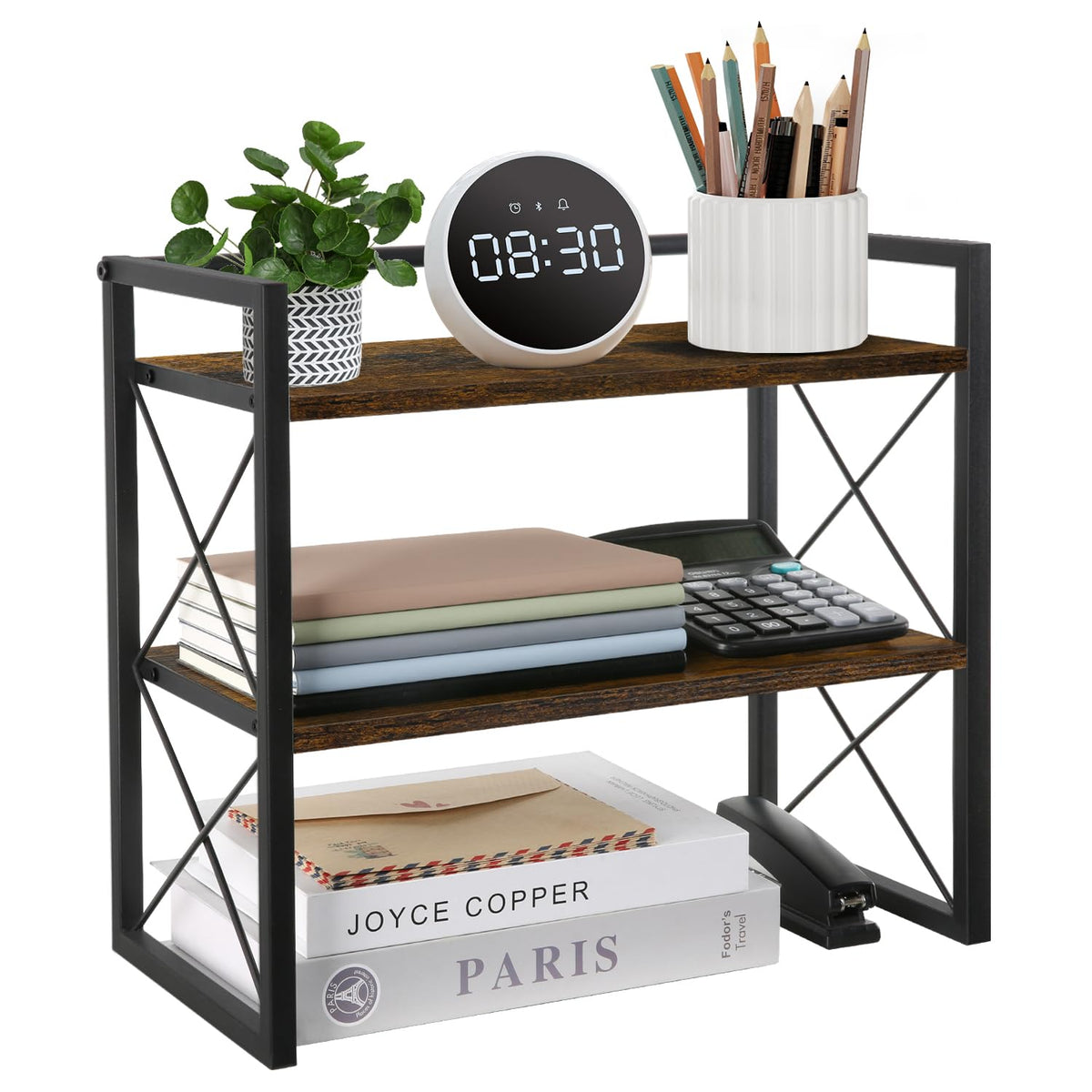 YINMIT Desktop Shelf Organizer, 2 Tier Office Shelves, Wood Desk Organizer Storage Rack and Freestanding Display Shelf for Office, Dormitory, Home