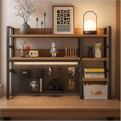 Desktop Bookshelf, pegboard Storage and Organization Rack, Dorm Desk Shelf, Desk Hutch, Desktop Storage for Office, Study, Student Display Rack,Desktop Shelves (Black+Walnut 37.4" Lx9.9 Wx37 H)