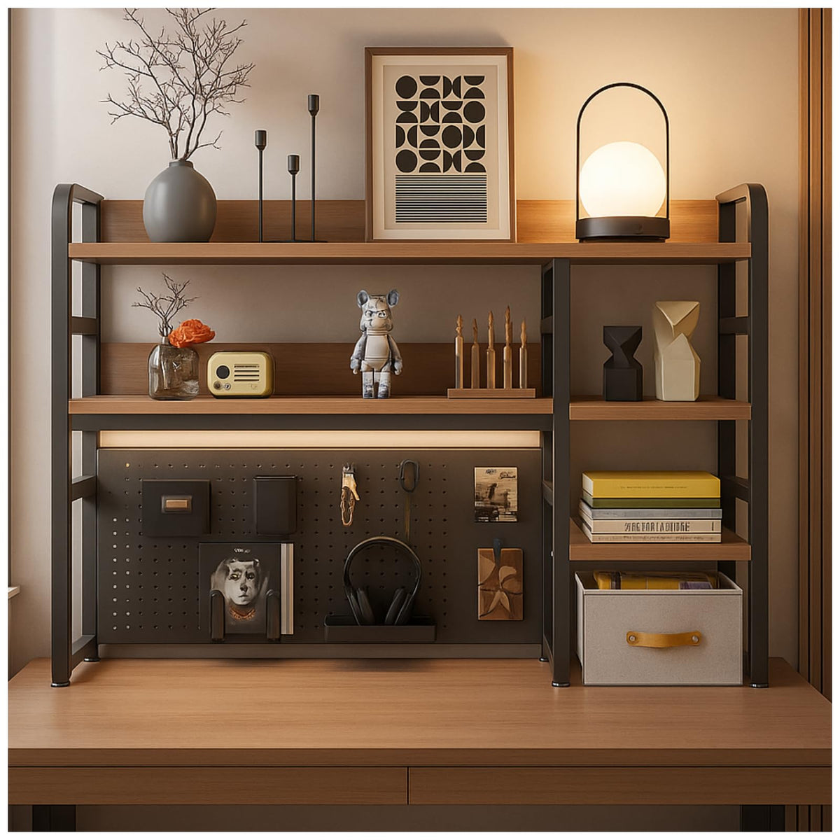 Desktop Bookshelf, pegboard Storage and Organization Rack, Dorm Desk Shelf, Desk Hutch, Desktop Storage for Office, Study, Student Display Rack,Desktop Shelves (Black+Walnut 37.4" Lx9.9 Wx37 H)