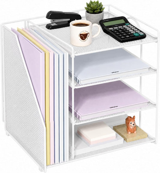 White Desk Organizer and Accessories, 4-Tier Paper Organizer for Desk, Office Accessories & Workspace Organizers and Desktop Storage for Office Supplies (White)