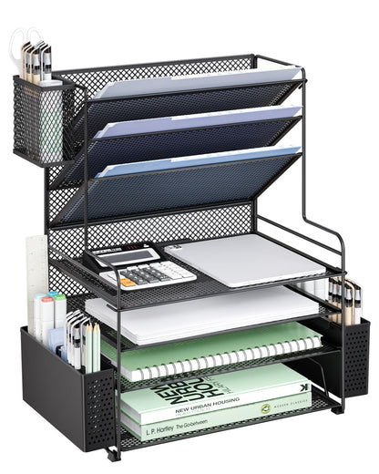 WALI Desk File Organizer, 4 Tier Desktop Paper Letter Tray Organizer with Drawer and 2 Pen Holders, Office Desk Accessories & Workspace Organizers for Office, Home, School Supplies, 1 Pack, Gold