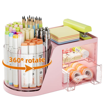 Marbrasse Desk Organizer with 2 Drawer, 360°Rotating Pen Holder, Desk Organizers and Accessories with 6 Slots Pencil Holder + 2 Drawer, Art Supply Storage Box Caddy for Office (Black)