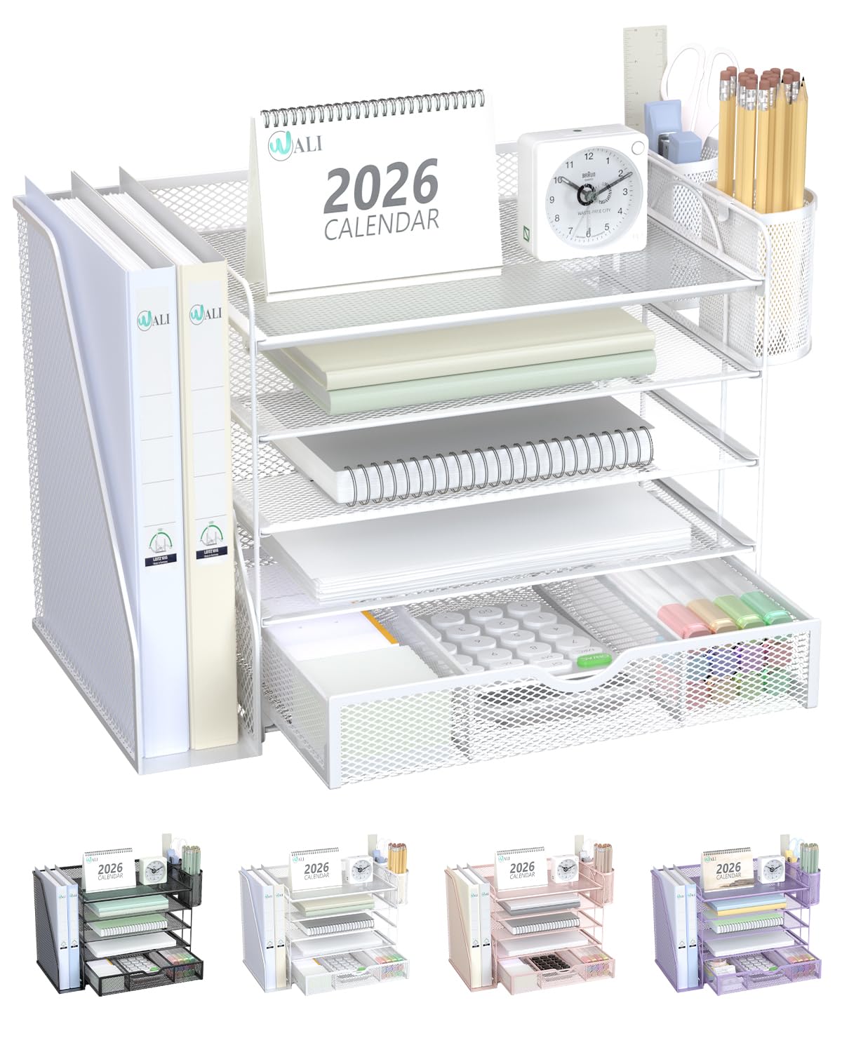 WALI Desk File Organizer, 4 Tier Desktop Paper Letter Tray Organizer with Drawer and 2 Pen Holders, Office Desk Accessories & Workspace Organizers for Office, Home Supplies(DO005DH-W), 1 Pack, White
