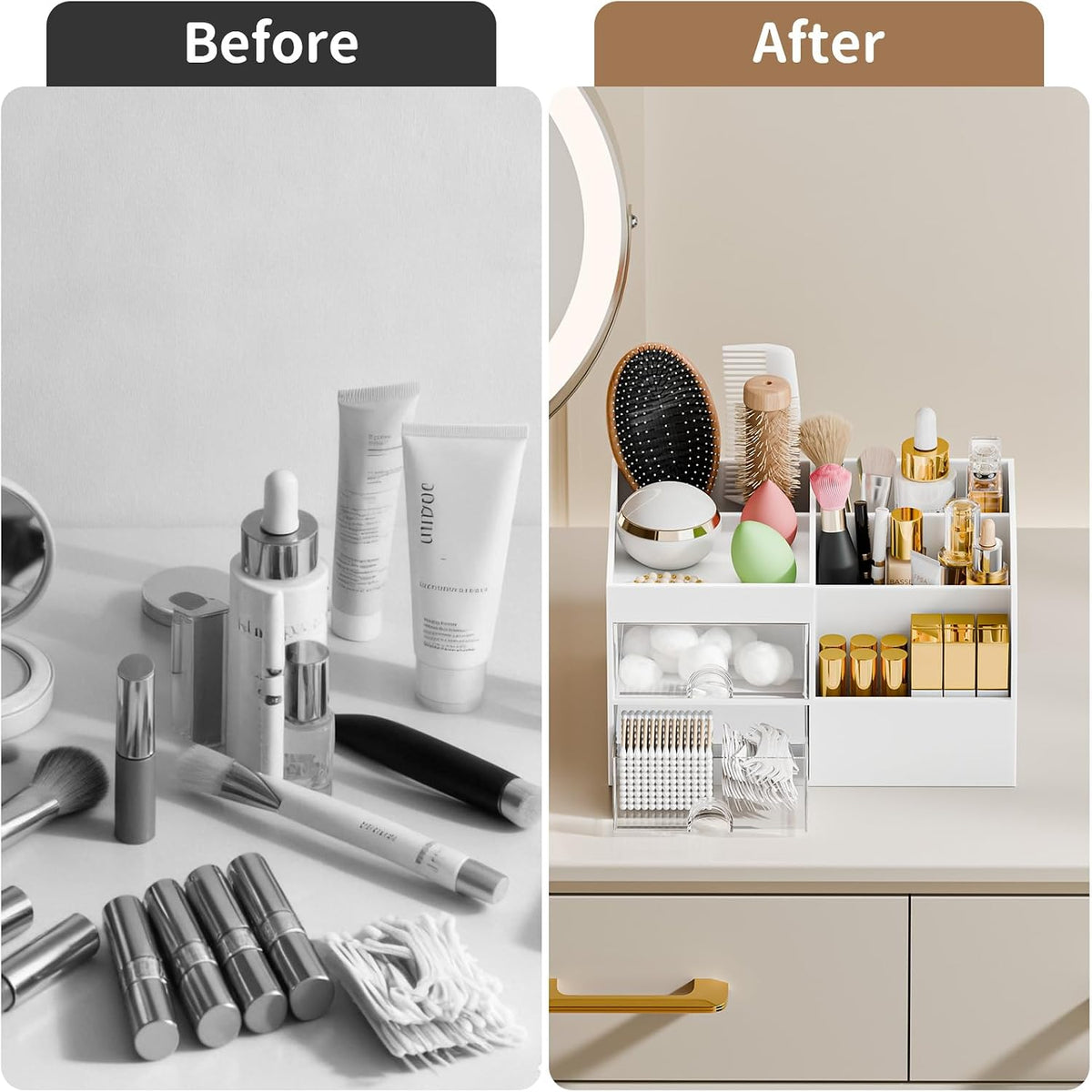 Makeup Organizer with 2 Drawers, Makeup Organizers Countertop for Vanity and Bathroom, Make up organization and Skincare Storage with Brush Holder, for Dresser, Desktop, Cosmetic Display Case (White)