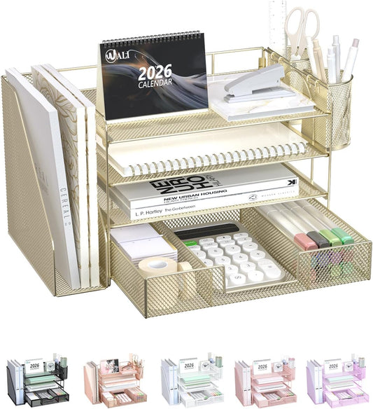 WALI Desk File Organizer, 4 Tier Desktop Paper Letter Tray Organizer with Drawer and 2 Pen Holders, Office Desk Accessories & Workspace Organizers for Office, Home, School Supplies, 1 Pack, Gold