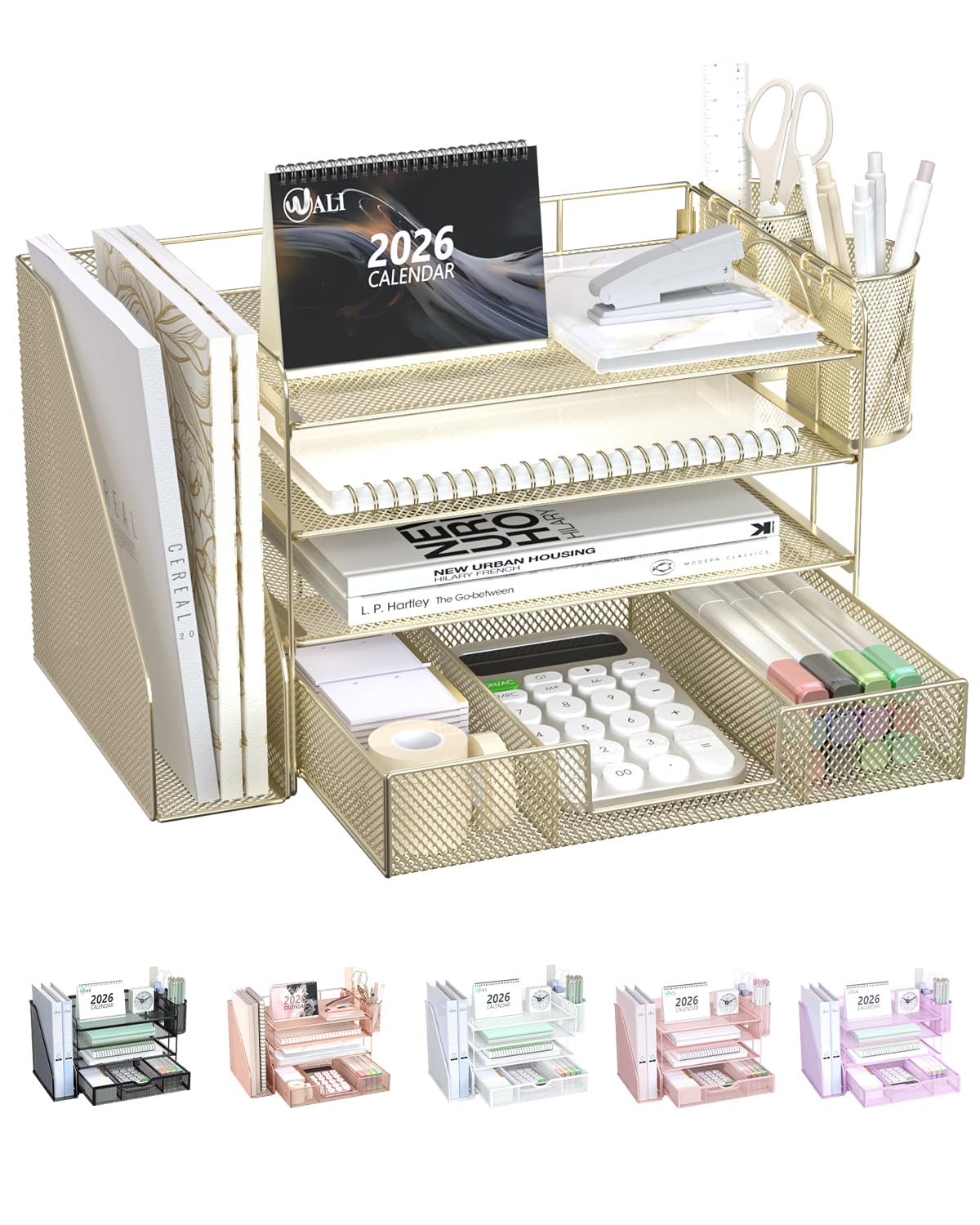WALI Desk File Organizer, 4 Tier Desktop Paper Letter Tray Organizer with Drawer and 2 Pen Holders, Office Desk Accessories & Workspace Organizers for Office, Home Supplies(DO005DH-W), 1 Pack, White