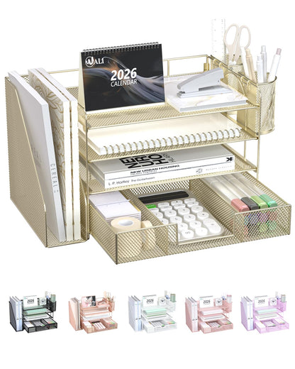 WALI Desk File Organizer, 4 Tier Desktop Paper Letter Tray Organizer with Drawer and 2 Pen Holders, Office Desk Accessories & Workspace Organizers for Office, Home Supplies(DO005DH-W), 1 Pack, White