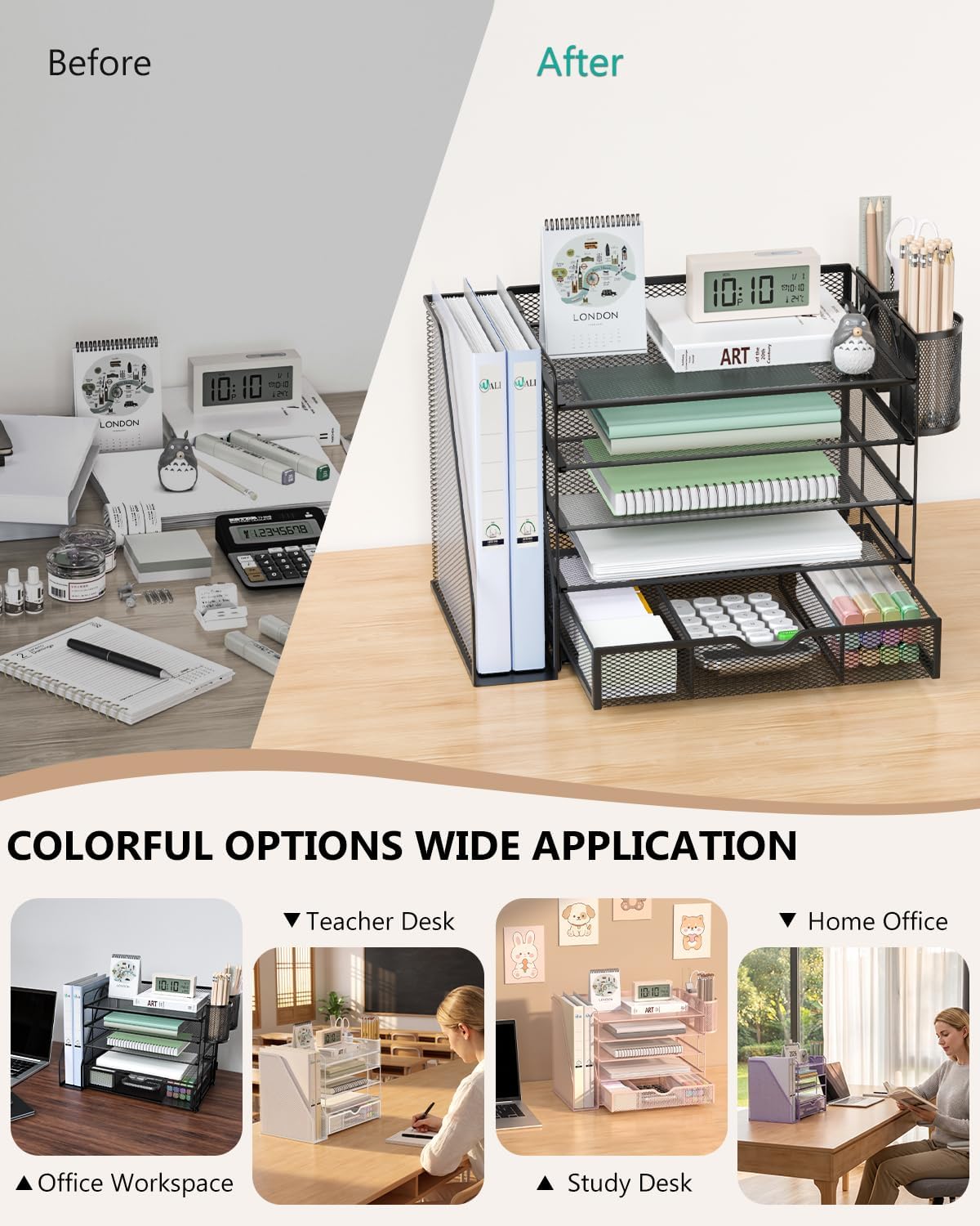WALI Desk File Organizer, 5 Tier Desktop Paper Letter Tray Organizer with Drawer and 2 Pen Holders, Office Desk Accessories & Workspace Organizers for Office, Home Supplies(DO006DH-B), 1 Pack, Black