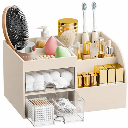 Makeup Organizer with 2 Drawers, Makeup Organizers Countertop for Vanity and Bathroom, Make up organization and Skincare Storage with Brush Holder, for Dresser, Desktop, Cosmetic Display Case (White)