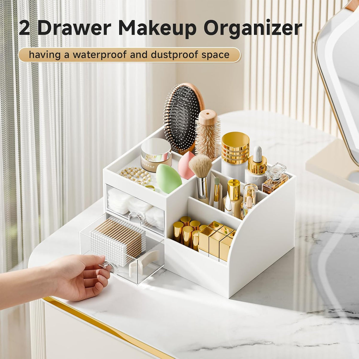 Makeup Organizer with 2 Drawers, Makeup Organizers Countertop for Vanity and Bathroom, Make up organization and Skincare Storage with Brush Holder, for Dresser, Desktop, Cosmetic Display Case (White)