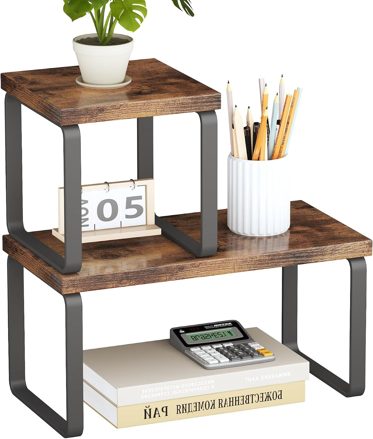 Homeiju Wooden Desktop Shelf for Top of Desk, 2-Tier Desktop Bookshelf