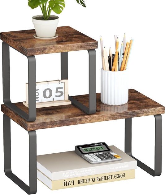 Homeiju Wooden Desktop Shelf for Top of Desk, 2-Tier Desktop Bookshelf
