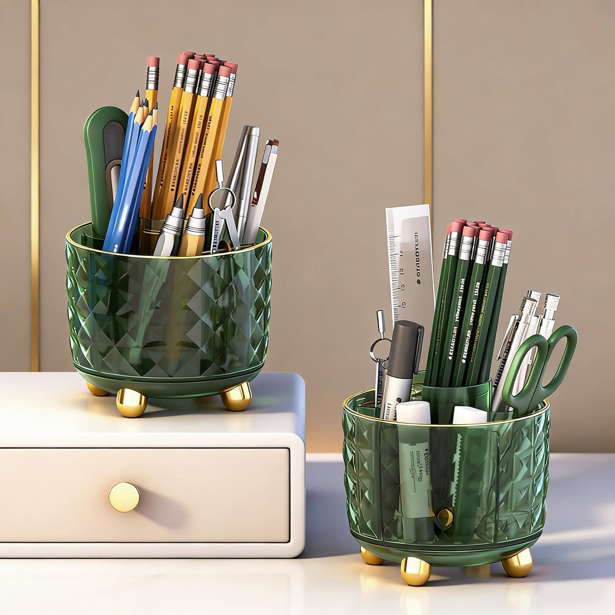 GOTOBA Dark Green Pen Pencil Holder for Desk, 360° Rotating Pen Organizer, Green Office Supplies, Cute Pen Holder, 6-Compartment Pencil Holder Rotating