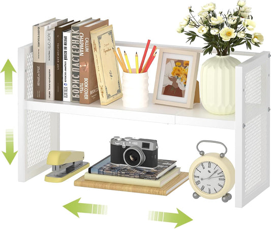 Expandable Desktop Bookshelf, Metal Desk Shelf Organizer Adjustable Height