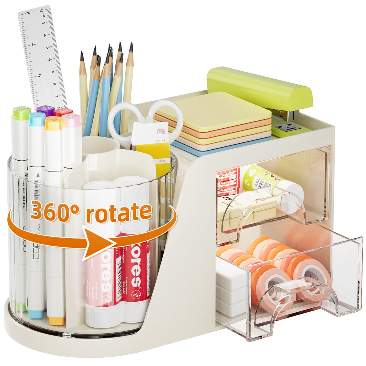 Marbrasse Desk Organizer with 2 Drawer, 360°Rotating Pen Holder, Desk Organizers and Accessories with 6 Slots Pencil Holder + 2 Drawer, Art Supply Storage Box Caddy for Office (Black)