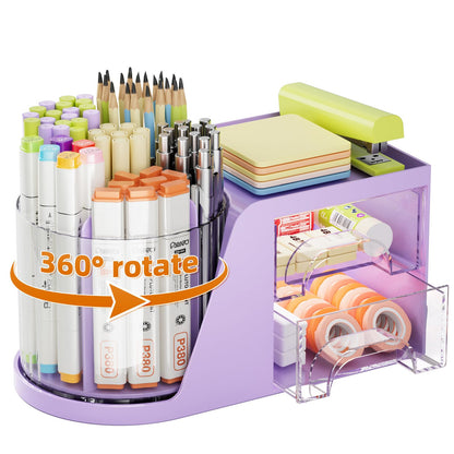 Marbrasse Desk Organizer with 2 Drawer, 360°Rotating Pen Holder, Desk Organizers and Accessories with 6 Slots Pencil Holder + 2 Drawer, Art Supply Storage Box Caddy for Office (Black)