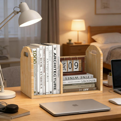 100% Solid Wood Adjustable Desktop Bookshelf, Retro Tabletop Book Shelf File Holder, Vertical Bookshelf Divider Desk Shelf for Home School Office Organization, Perfect for Books, Cookbooks, Magazine