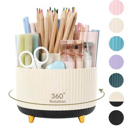SKYDUE 360 Rotating Organizer - Dual-Purpose Pen & Pencil Holder with 5 Slots, Suitable for Office, School, or Home (White)