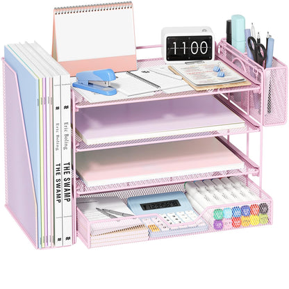 OPNICE Desk Organizers and Accessories, 4-Tier Desktop File Organizer with Drawer and Pen Holders, Office Desk Accessories Workspace Organizers for Office Supplies (Gold)