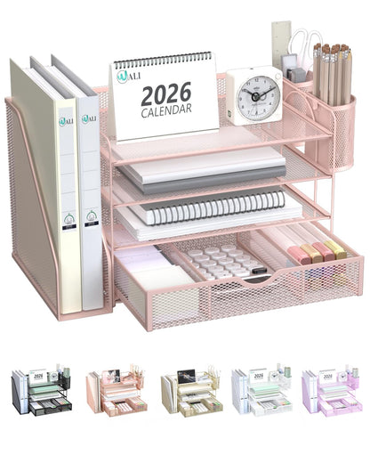 WALI Desk File Organizer, 4 Tier Desktop Paper Letter Tray Organizer with Drawer and 2 Pen Holders, Office Desk Accessories & Workspace Organizers for Office, Home Supplies(DO005DH-P), 1 Pack, Pink