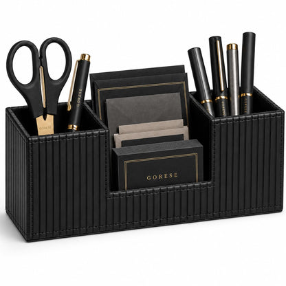 GORESE Pen Holder for Desk, PU Leather Desk Organizer for Office, Black