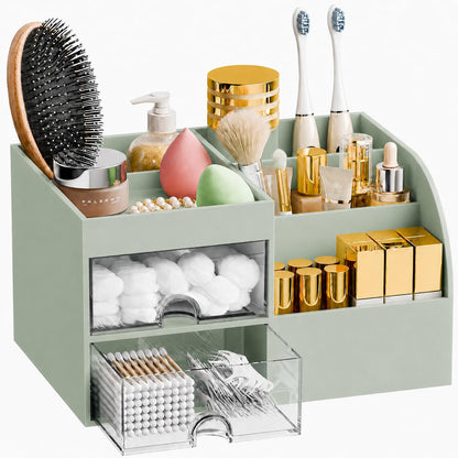 Makeup Organizer with 2 Drawers, Makeup Organizers Countertop for Vanity and Bathroom, Make up organization and Skincare Storage with Brush Holder, for Dresser, Desktop, Cosmetic Display Case (White)