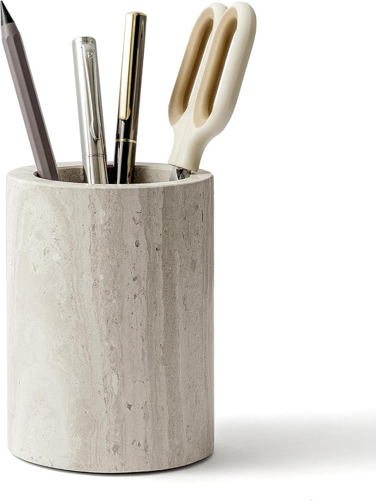 Natural Marble Pen Holder for Desk, Handcrafted Sturdy Desk Organizer with Anti-Slip Base 3.1” x 4.3” – Unique Stone Craft for Office Supplies, Makeup Brushes & Home Decor Grey (WH077)