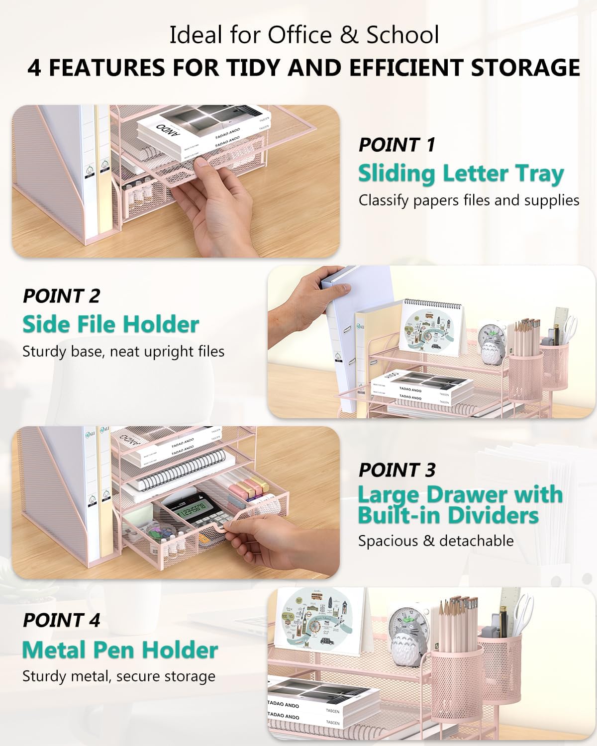 WALI Desk File Organizer, 4 Tier Desktop Paper Letter Tray Organizer with Drawer and 2 Pen Holders, Office Desk Accessories & Workspace Organizers for Office, Home Supplies(DO005DH-P), 1 Pack, Pink