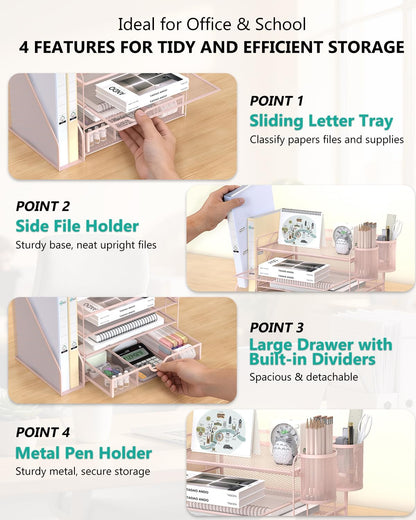 WALI Desk File Organizer, 4 Tier Desktop Paper Letter Tray Organizer with Drawer and 2 Pen Holders, Office Desk Accessories & Workspace Organizers for Office, Home Supplies(DO005DH-P), 1 Pack, Pink