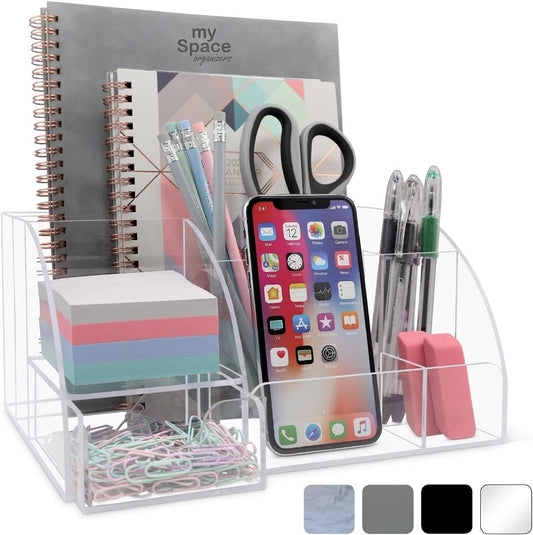 My Space Organizers Clear Acrylic Desk Oganizer, 9 Compartments, Office Supplies and Desk Accessories Organizer, Home Decor Desktop Organizer (Clear)