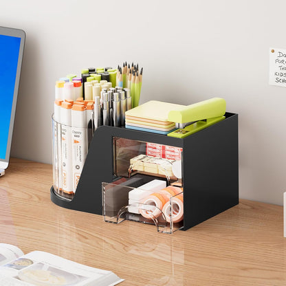 Marbrasse Desk Organizer with 2 Drawer, 360°Rotating Pen Holder, Desk Organizers and Accessories with 6 Slots Pencil Holder + 2 Drawer, Art Supply Storage Box Caddy for Office (Black)