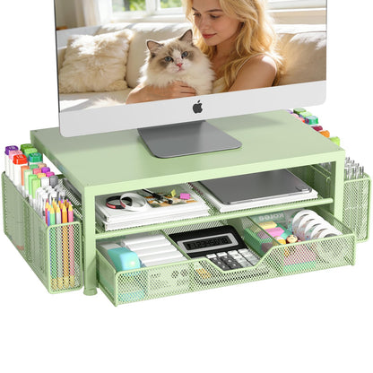 OPNICE Desk Organizers and Accessories, Computer Monitor Stand Riser with Drawer and 2 Pen Holders, Printer & Laptop Stand, Office Desk Accessories & Workspace Organizers for Home Office Supplies, Black