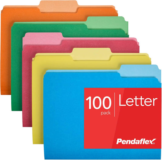 Pendaflex Colored File Folders, 100 Pack, Letter Size (8.5" x 11"), 3 Tabs, Durable Paper, 5 Colors: Blue, Green, Red, Yellow, Orange, Color-Coding for School, Office & Home Document Organization
