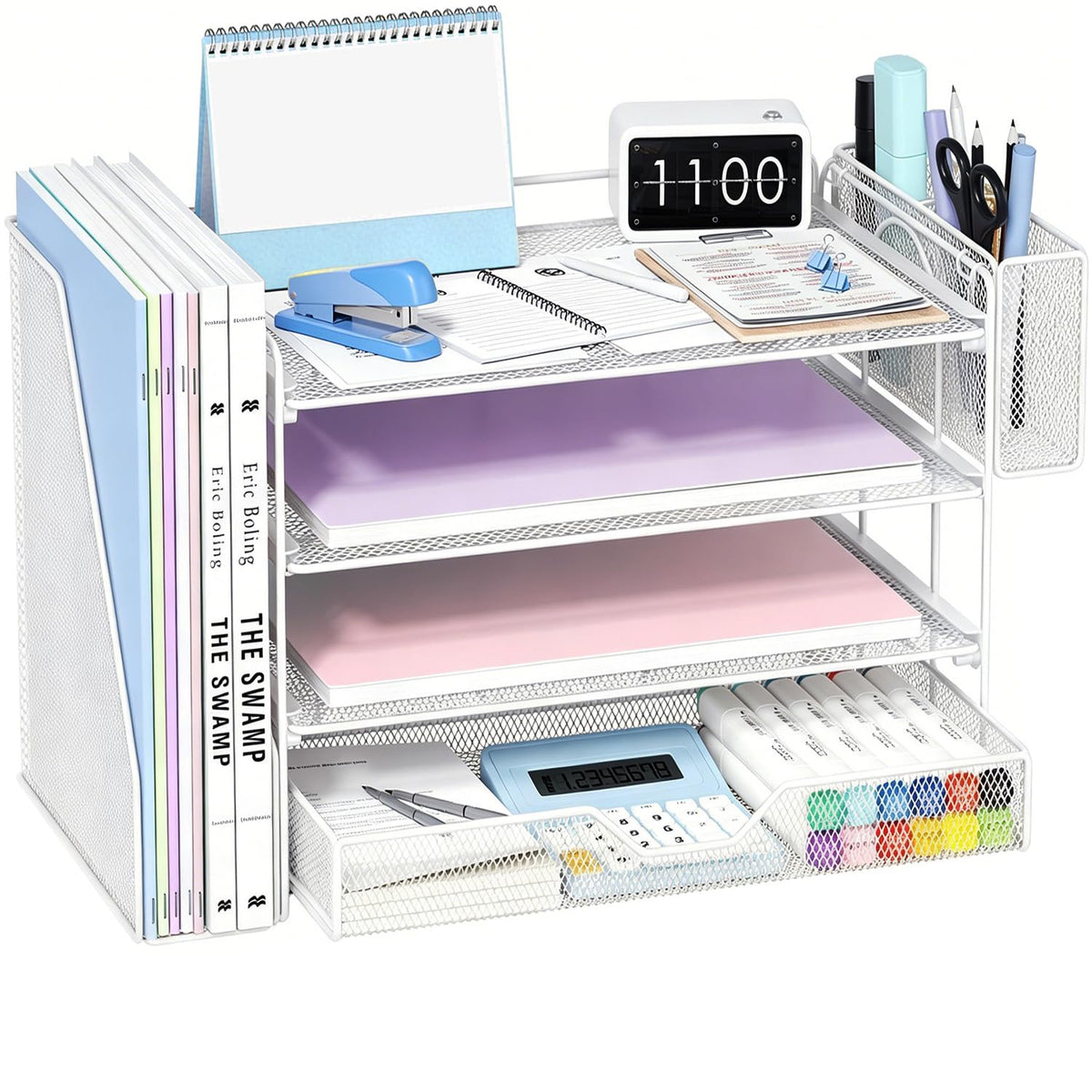 OPNICE Desk Organizers and Accessories, 4-Tier Desktop File Organizer with Drawer and Pen Holders, Office Desk Accessories Workspace Organizers for Office Supplies (Gold)