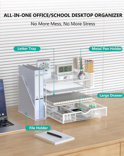 WALI Desk File Organizer, 4 Tier Desktop Paper Letter Tray Organizer with Drawer and 2 Pen Holders, Office Desk Accessories & Workspace Organizers for Office, Home Supplies(DO005DH-W), 1 Pack, White