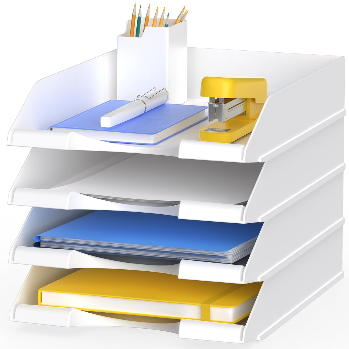 4 Pack Stackable Paper Trays for Letter Documents, Desktop File Organizers for Office Supplies, Stackable Desk Tray Holder for Paper Storage, Black