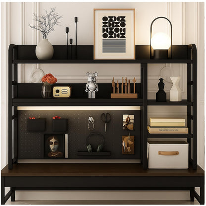 Desktop Bookshelf, pegboard Storage and Organization Rack, Dorm Desk Shelf, Desk Hutch, Desktop Storage for Office, Study, Student Display Rack,Desktop Shelves (Black+Walnut 37.4" Lx9.9 Wx37 H)