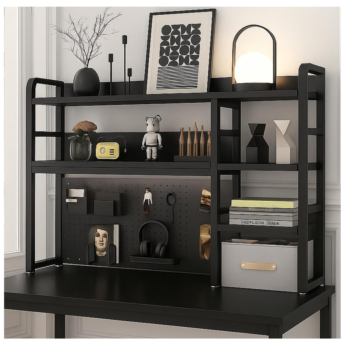 Desktop Bookshelf, pegboard Storage and Organization Rack, Dorm Desk Shelf, Desk Hutch, Desktop Storage for Office, Study, Student Display Rack,Desktop Shelves (Black+Walnut 37.4" Lx9.9 Wx37 H)