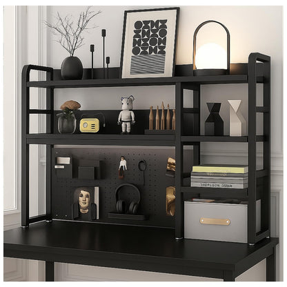 Desktop Bookshelf, pegboard Storage and Organization Rack, Dorm Desk Shelf, Desk Hutch, Desktop Storage for Office, Study, Student Display Rack,Desktop Shelves (Black+Walnut 37.4" Lx9.9 Wx37 H)