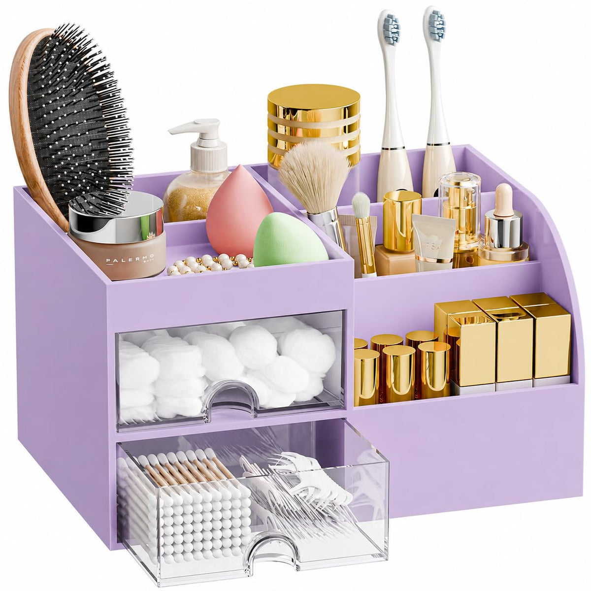 Makeup Organizer with 2 Drawers, Makeup Organizers Countertop for Vanity and Bathroom, Make up organization and Skincare Storage with Brush Holder, for Dresser, Desktop, Cosmetic Display Case (White)