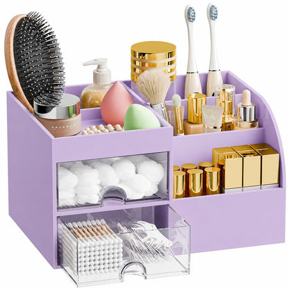 Makeup Organizer with 2 Drawers, Makeup Organizers Countertop for Vanity and Bathroom, Make up organization and Skincare Storage with Brush Holder, for Dresser, Desktop, Cosmetic Display Case (White)