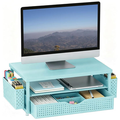 gianotter Desk Organizers and Accessories, Monitor Stand with Drawer and 2 Pen Holder, Desktop Organizer Suitable for Offices and Dormitories (Wood)